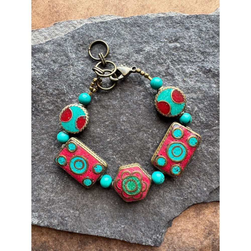 Vintage Tibetan Nepal Brass Bracelet | Red Coral & Turquoise Inlay Boho Statemen